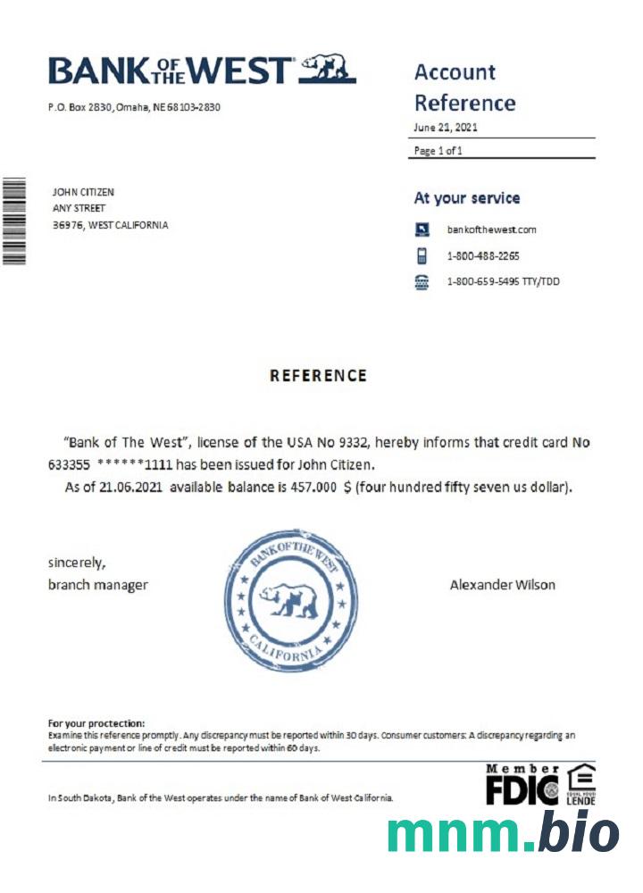 Przykład referencyjny USA Bank Of The West w formatach Word i PDF